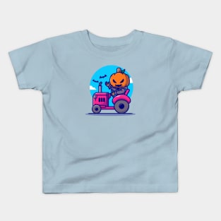 Cute Pumpkin Vampire Driving Tractor Cartoon Kids T-Shirt